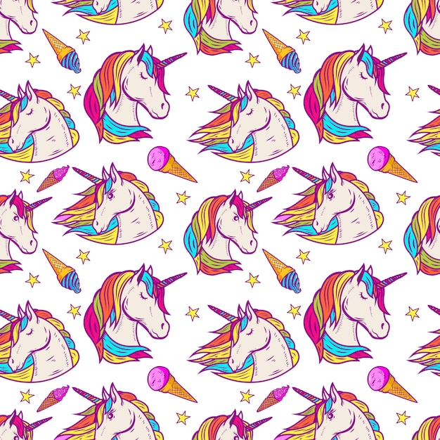 Patrón sin fisuras con cabezas de unicornio, estrellas, helados. ilustración