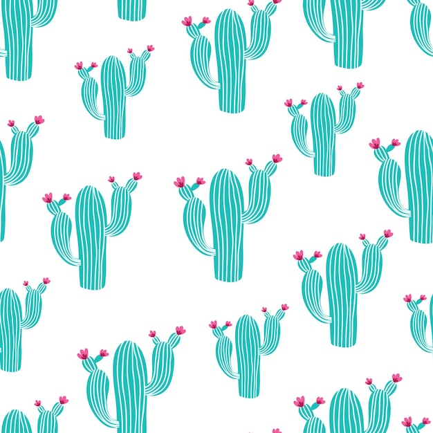 Patrón sin fisuras con cactus y flores en verde y rosa sobre fondo crema.