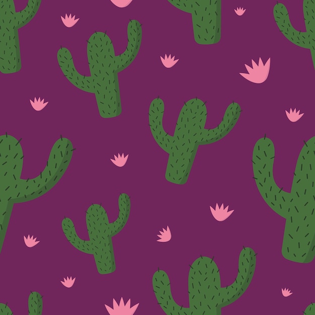 Patrón sin fisuras con cactus fondo púrpura ilustración vectorial