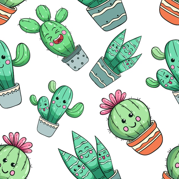 Patrón sin fisuras de cactus kawaii con cara bonita