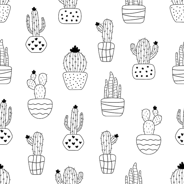 Patrón sin fisuras con cactus en macetas Fondo de vector blanco y negro con plantas para textiles