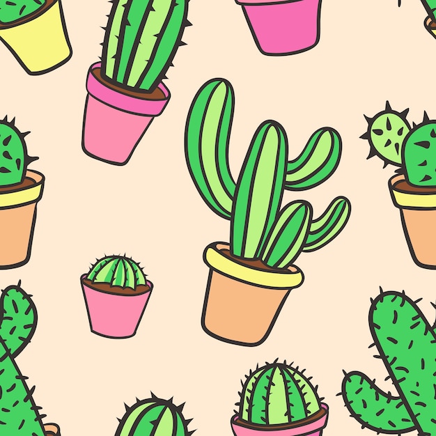 Patrón sin fisuras con cactus. Patrón de cactus. Cactus en macetas. Fondo vectorial. Lindo patrón de cactus de dibujos animados.