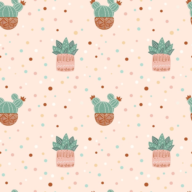 Patrón sin fisuras de cactus Repetición de fondo con cactus en macetas y lunares