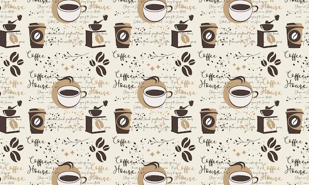 Patrón sin fisuras de café dibujado a mano con fondo de vector de letras