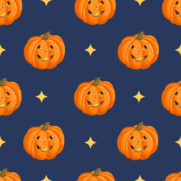 Patrón sin fisuras con una calabaza con cara de halloween con estrellas cosecha de octubre