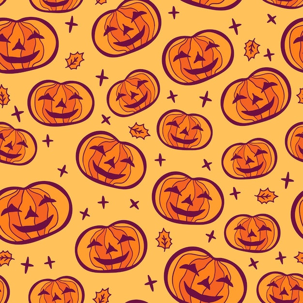 Patrón sin fisuras de calabaza de Halloween naranja de dibujos animados lindo sobre fondo amarillo