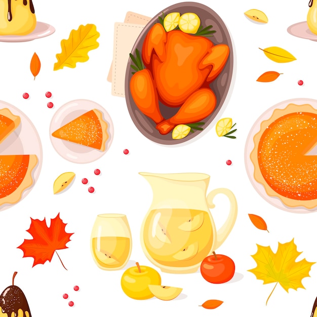 Patrón sin fisuras con calabaza y hojas de otoño y comida tradicional para el día de Acción de Gracias