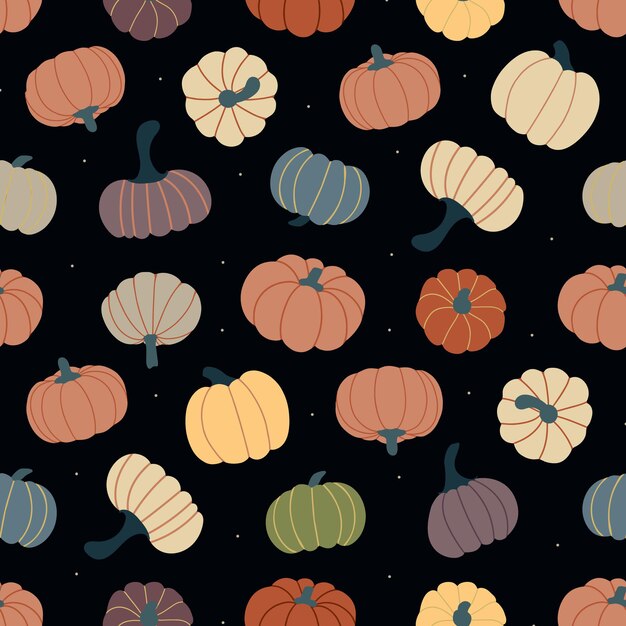 Patrón sin fisuras de calabazas maduras y puntos en una ilustración de vector de fondo oscuro