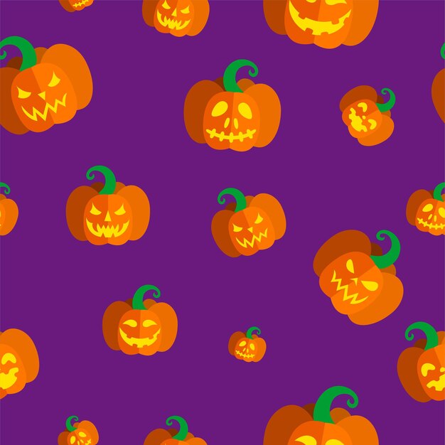 Patrón sin fisuras con calabazas talladas iluminadas para Halloween. Ilustración de vector en fondo morado