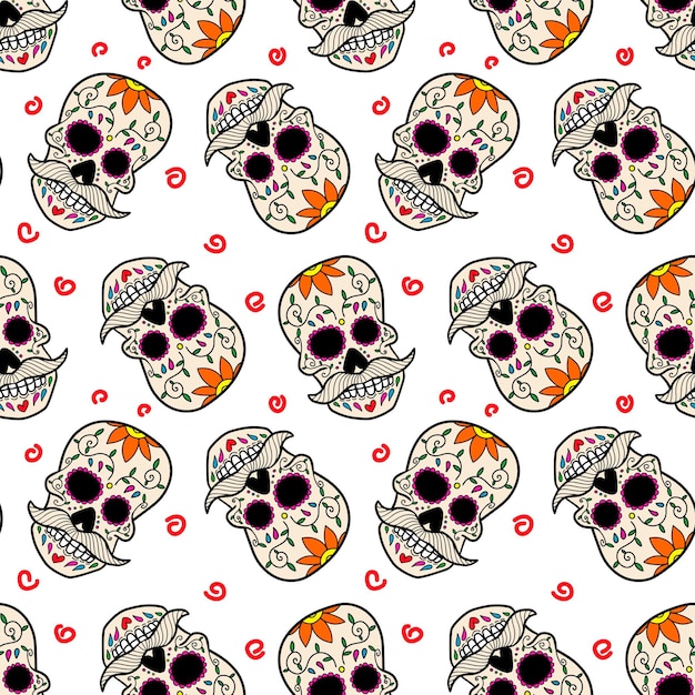 Patrón sin fisuras con calaveras de azúcar mexicanas. Elemento de diseño de carteles, tarjetas, folletos, pancartas. Ilustración vectorial