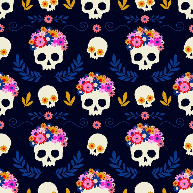 Patrón sin fisuras con calaveras en corona floral sobre fondo azul oscuro Ilustración vectorial para D