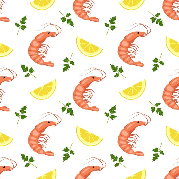 Patrón sin fisuras con camarones o gambas, rodajas de limón y hojas de perejil.