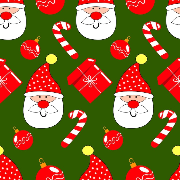 Patrón sin fisuras, cara de divertido Santa Claus, dulces y bolas de Navidad sobre un fondo verde.