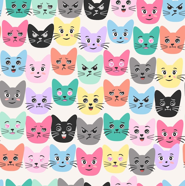 Patrón sin fisuras de cara de gato de dibujos animados sobre fondo blanco, diseño de ilustraciones vectoriales
