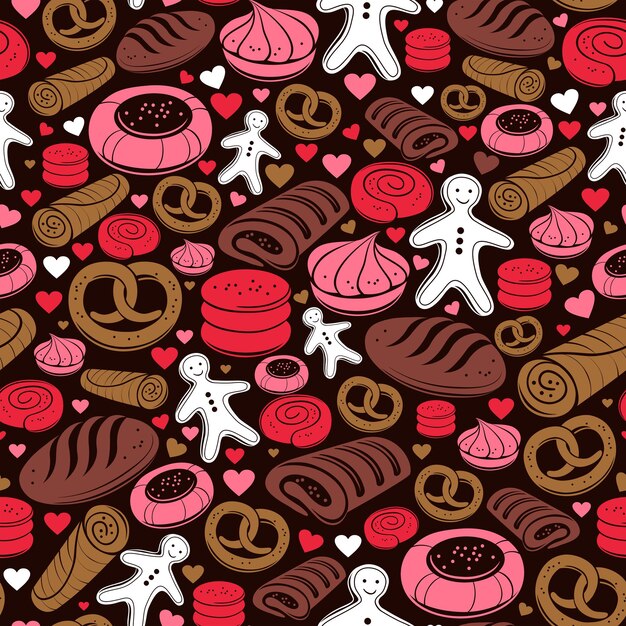 Patrón sin fisuras de caramelo. Conjunto de iconos de panadería dulce