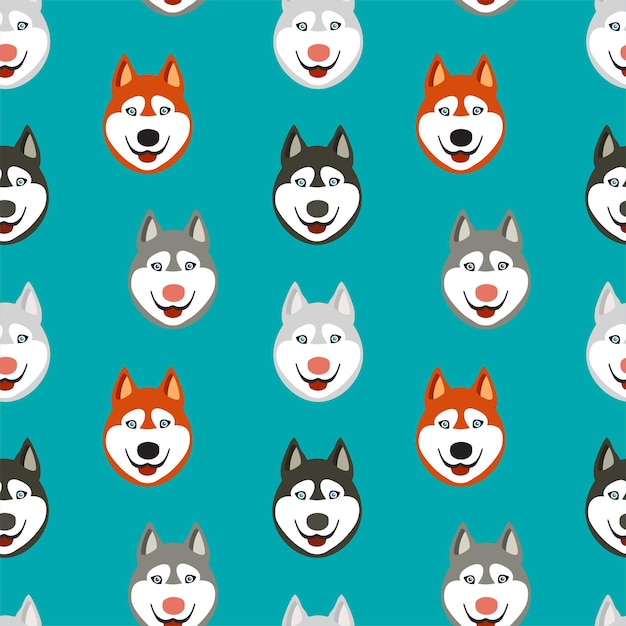 Patrón sin fisuras con caras felices de perro husky.