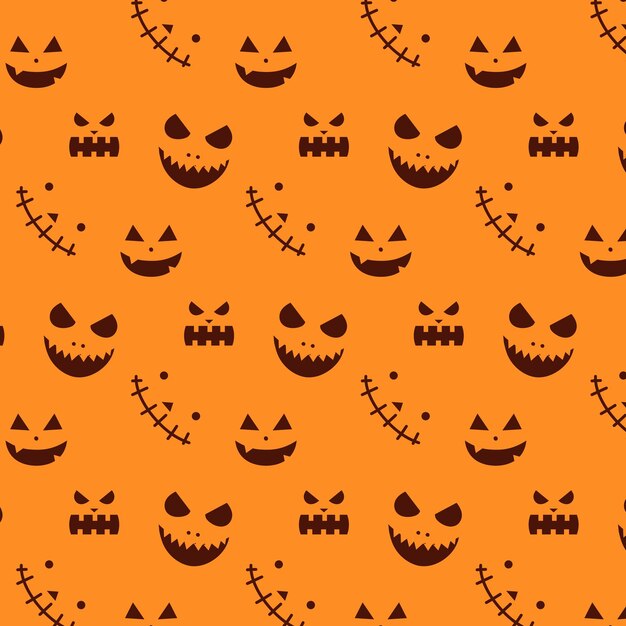 Patrón sin fisuras con caras negras aterradoras sobre fondo naranja para la web de embalaje de envoltura de halloween