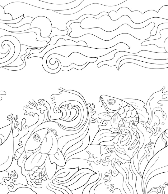 Patrón sin fisuras con carpas japonesas. fondo de azulejos para su diseño, tela, papel tapiz o papel de regalo. hermosos peces y plantas de doodle