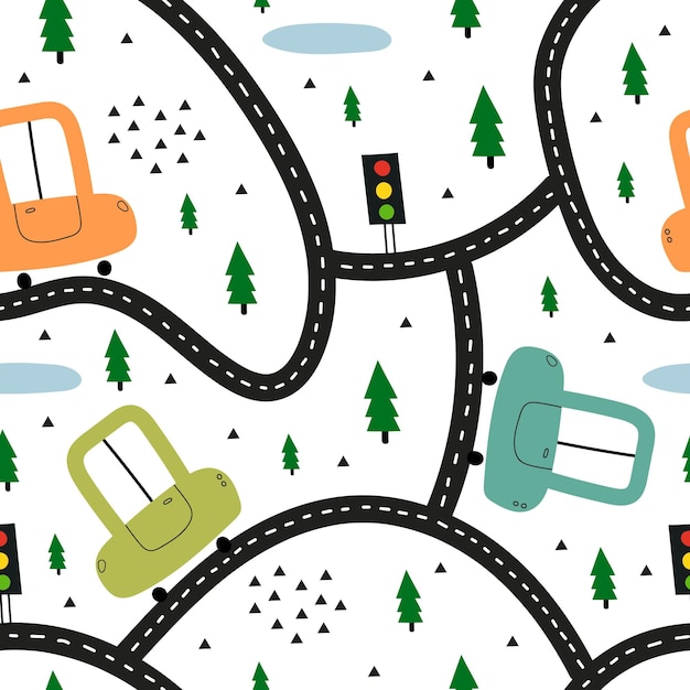 patrón sin fisuras con la carretera de coches de dibujos animados