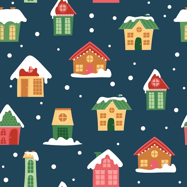 Patrón sin fisuras con casas de colores decorativos en invierno