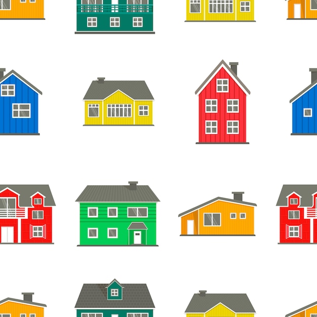 Patrón sin fisuras con casas de colores sobre un fondo blanco.