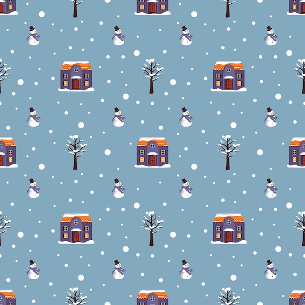 Vector patrón sin fisuras con casas festivas de navidad, muñeco de nieve, árboles y copos de nieve sobre fondo azul. impresión brillante para el año nuevo y las vacaciones de invierno para papel de regalo, textiles y diseño.
