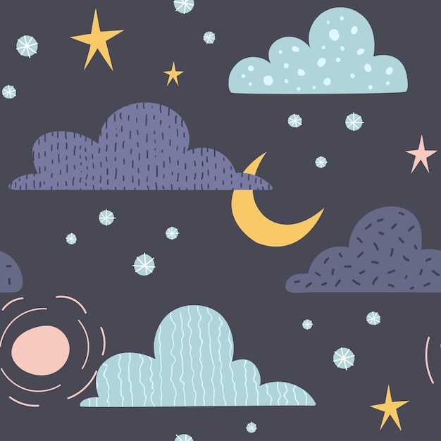 Vector patrón sin fisuras celeste con nubes, sol, luna y estrellas. perfecto para tela infantil, textil, papel pintado de guardería.