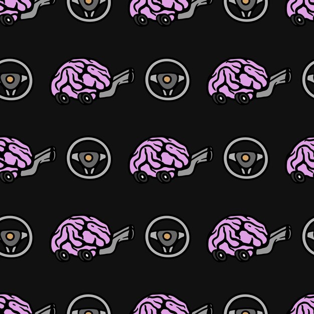 Patrón sin fisuras de cerebro con ruedas y escape con volante de coche sobre fondo negro