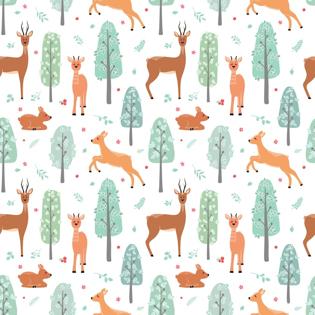 Patrón sin fisuras con ciervos, ciervos, corzos en el fondo de un árbol, planta, arbusto y diferentes elementos. ilustración