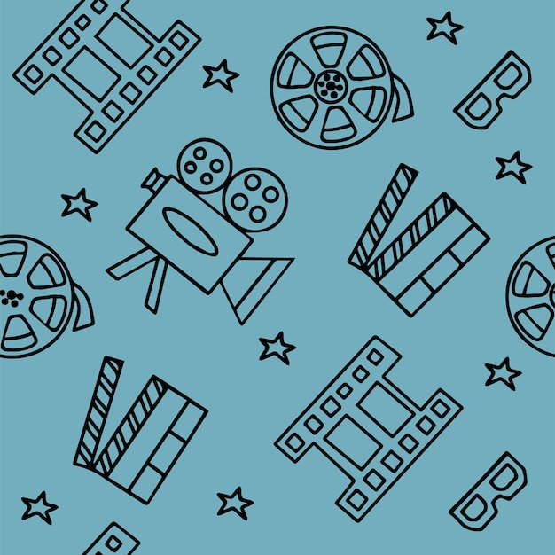 Patrón sin fisuras con el cine programas de televisión series y películas iconos divertidos del vector del doodle colorfu dibujados a mano ...
