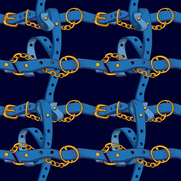 Vector patrón sin fisuras con cinturones azules y cadenas en forma cuadrada sobre fondo azul.