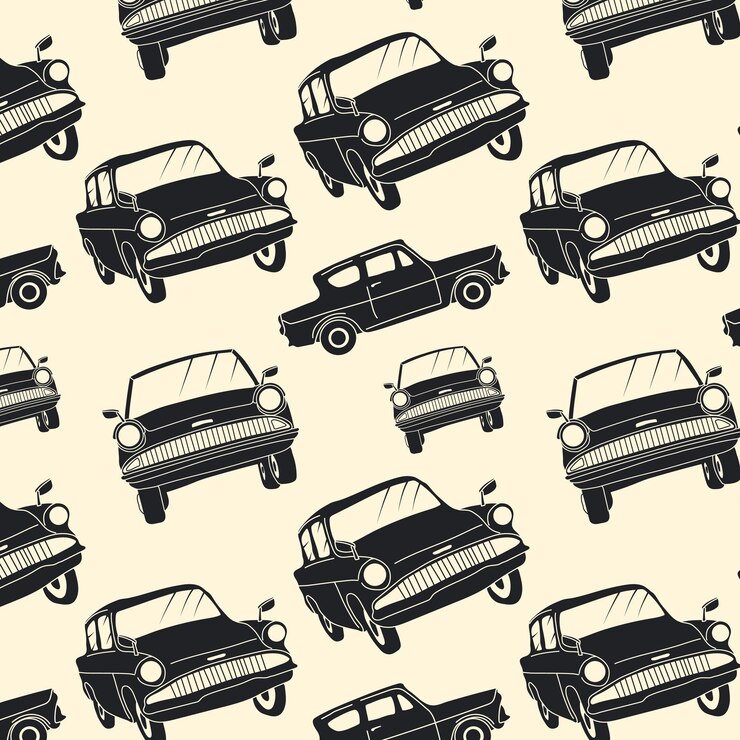 Vector patrón sin fisuras con coche volador mágico en estilo monocromo. ilustración vectorial dibujada a mano.