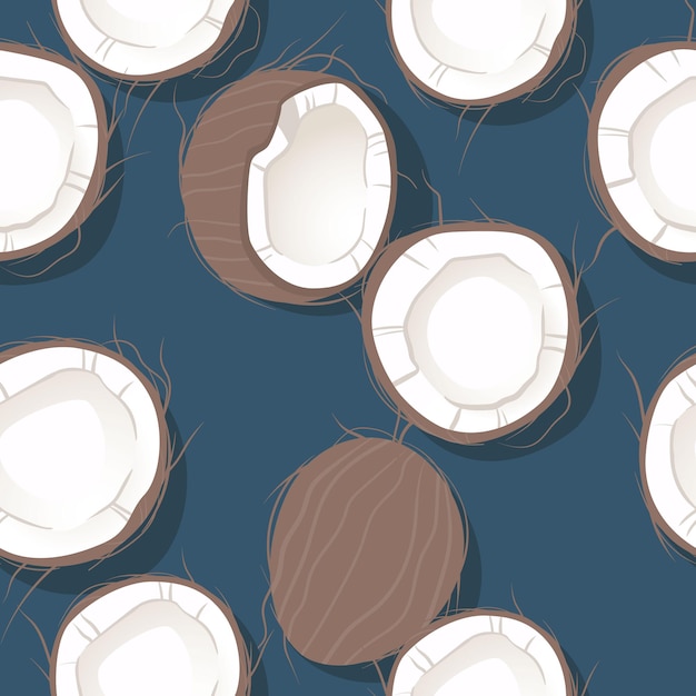 Patrón sin fisuras con cocos. Medio coco, coco entero. Fondo de verano y paraíso. Papel pintado, papel impreso, papel envolvente, diseño textil moderno, pancarta, afiche. ilustración vectorial