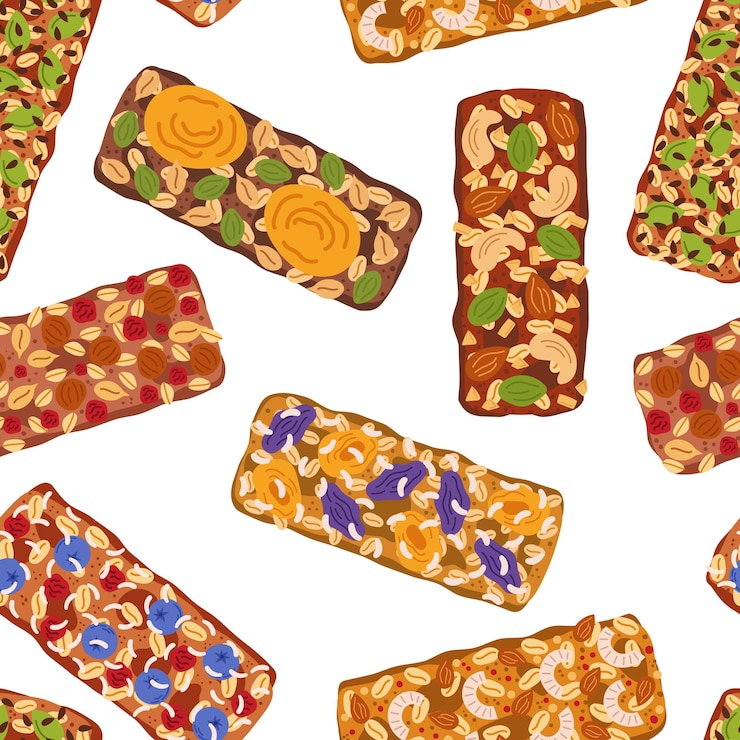 Vector patrón sin fisuras con coloridas y apetitosas barras de granola saludables dispuestas en una composición deliciosa y equilibrada perfecta para diseños y envases saludables ilustración vectorial de dibujos animados