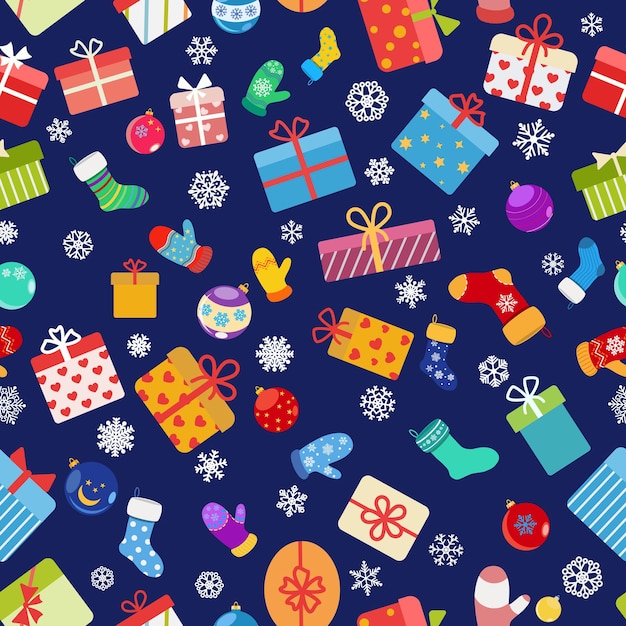Patrón sin fisuras de coloridas cajas de regalo calcetines mitones y bolas de navidad