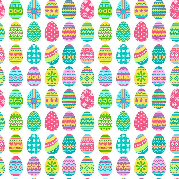 Patrón sin fisuras con el colorido icono de huevos de Pascua aislado sobre fondo blanco. Símbolo tradicional de Pascua. Vector ilustración plana. Diseño para textil, envoltura, papel tapiz, telón de fondo.
