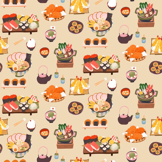 Patrón sin fisuras de comida deliciosa japonesa