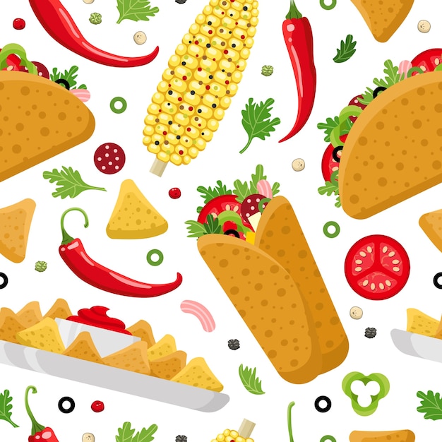 Patrón sin fisuras de comida mexicana. burrito, taco y nachos. fondo colorido, estilo lindo.
