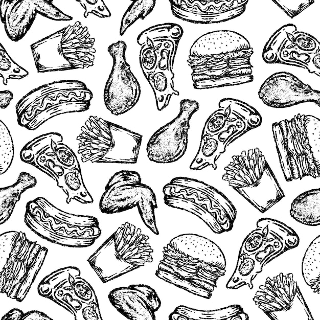 Patrón sin fisuras de comida rápida en estilo de dibujo