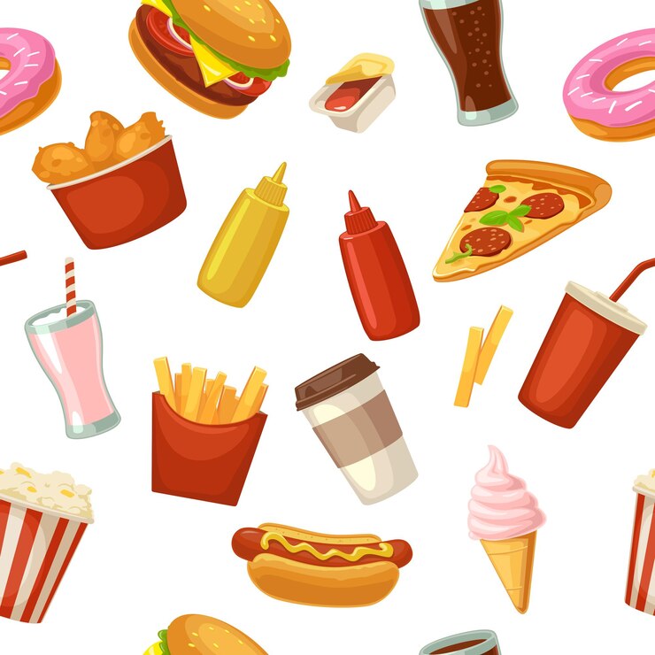 Vector patrón sin fisuras de comida rápida taza cola donut batido hamburguesa hotdog ketchup vector plano