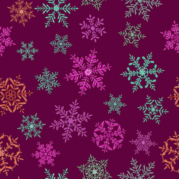 Patrón sin fisuras de complejos copos de nieve de Navidad en varios colores sobre fondo púrpura