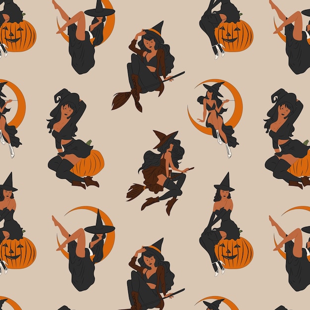 Patrón sin fisuras con concepto de disfraz de Halloween de estilo retro Pinup de damas lindas brujas