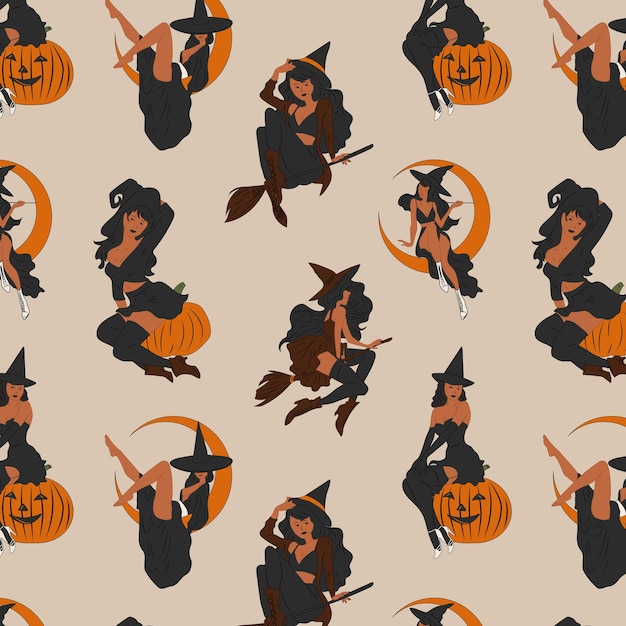 Vector patrón sin fisuras con concepto de disfraz de halloween de estilo retro pinup de damas lindas brujas