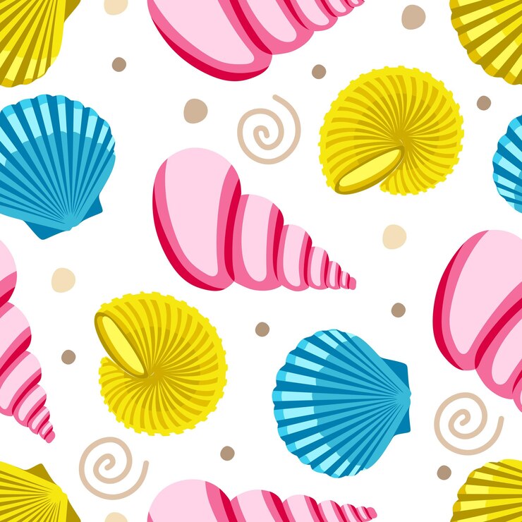 Vector patrón sin fisuras con conchas y almejas sobre un fondo blanco para imprimir en diseño de papel de tela