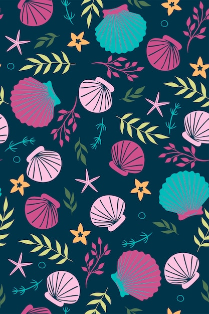 Patrón sin fisuras con conchas marinas, algas y estrellas de mar. Gráficos vectoriales.