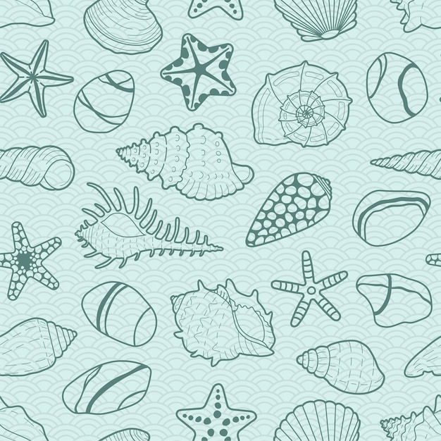 Patrón sin fisuras de conchas marinas, estrellas y piedras. Vector de fondo