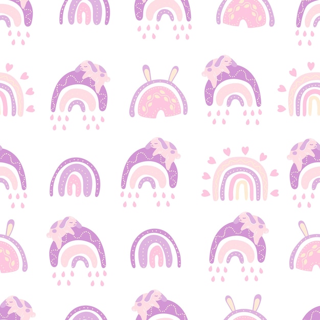 Patrón sin fisuras de conejito arco iris Cuarto de niños y bebés Arco de arco iris minimalista de conejo boho abstracto
