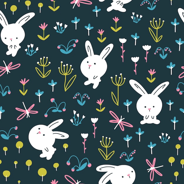 Patrón sin fisuras de conejo de bosque. Lindos personajes con flores y libélulas. Ilustración de vivero sobre fondo oscuro.