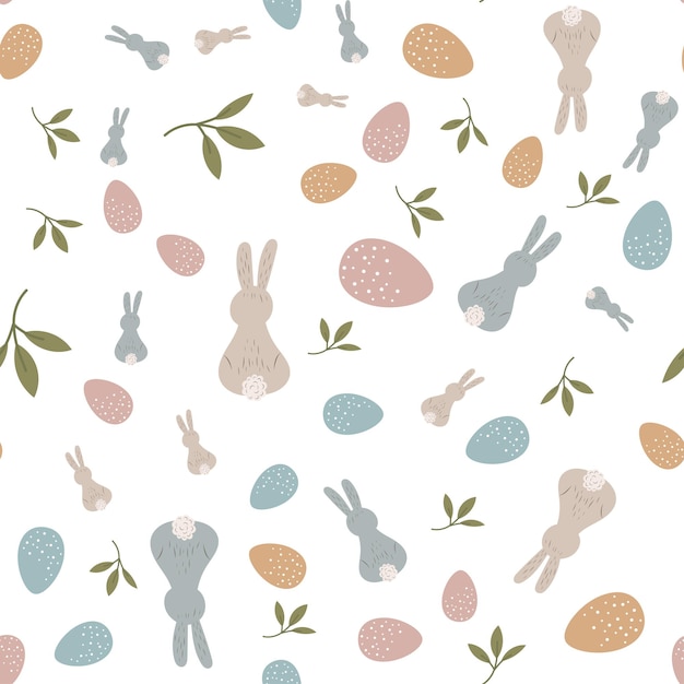 Patrón sin fisuras con conejos. Liebre, Pascua, primavera, flores. Lindo estampado infantil. Gráficos vectoriales.
