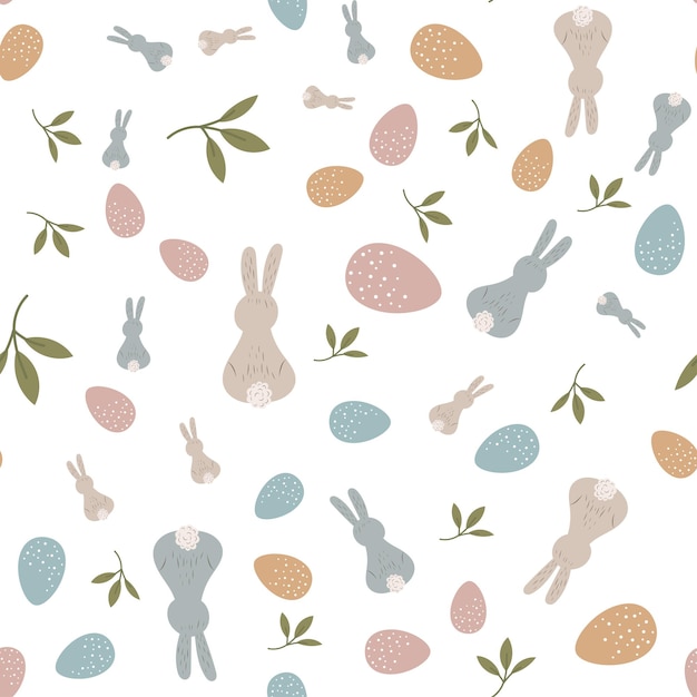 Patrón sin fisuras con conejos. liebre, pascua, primavera, flores. lindo estampado infantil. gráficos vectoriales.